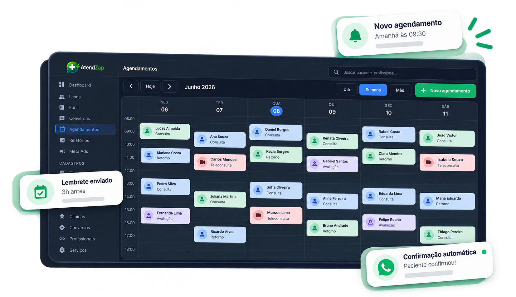 Calendário semanal de agendamentos com notificações de novo agendamento e confirmação automática